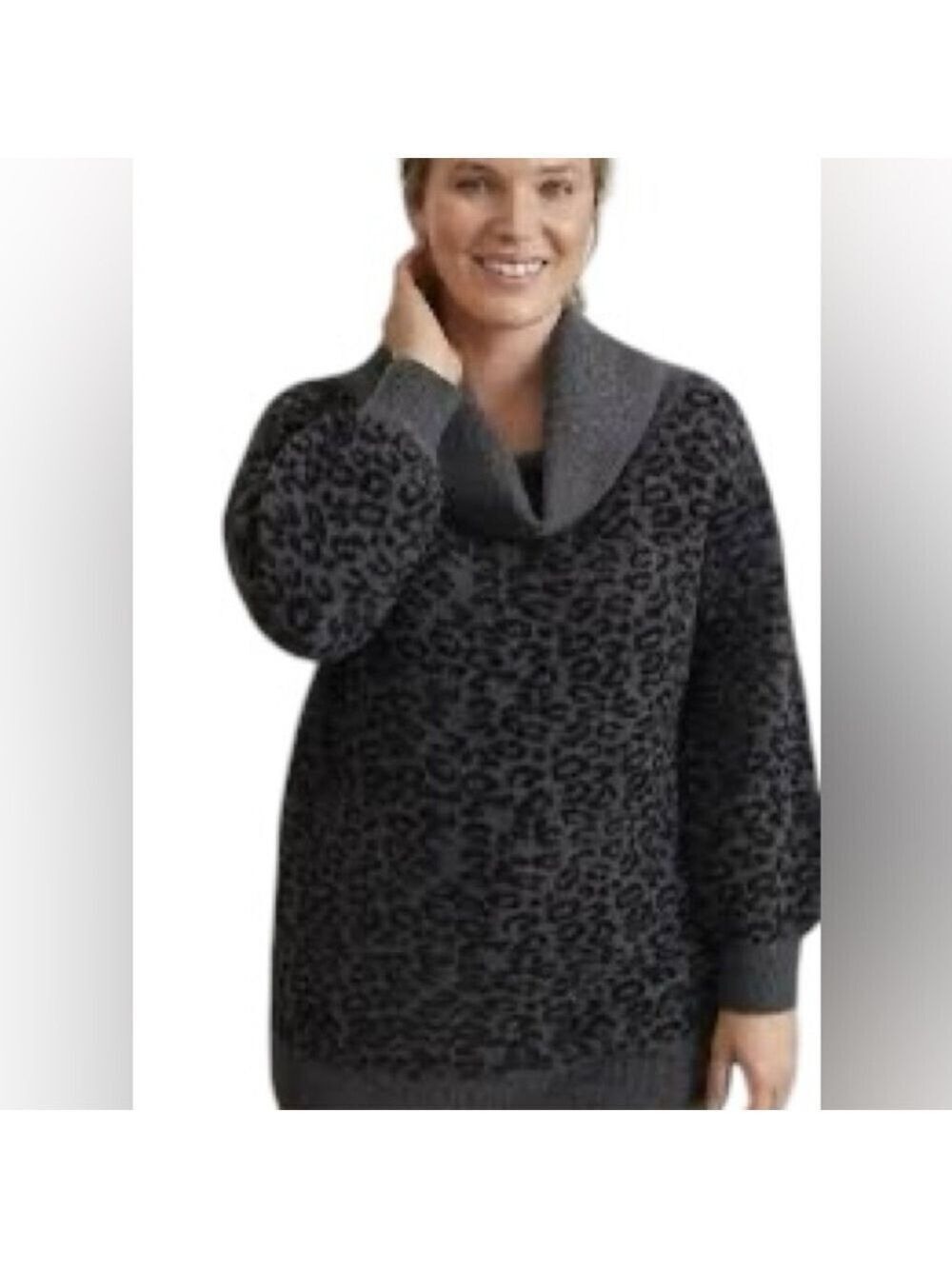 Anthropologie Emmy Cowl Neck Tunic Sweater Gray & black leopard Wool Blend Small - Picture 4 of 11